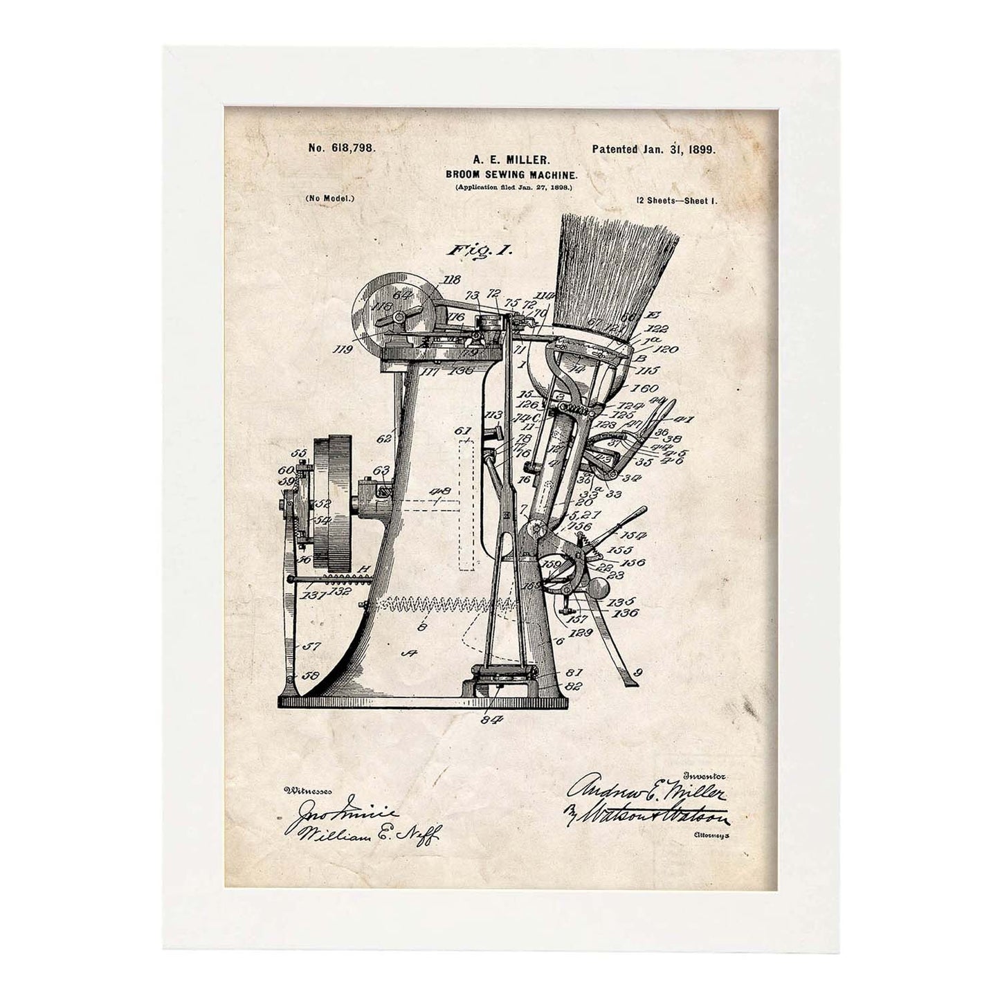 Poster con patente de Maquina de coser escobas. Lámina con diseño de patente antigua.-Artwork-Nacnic-A3-Marco Blanco-Nacnic Estudio SL