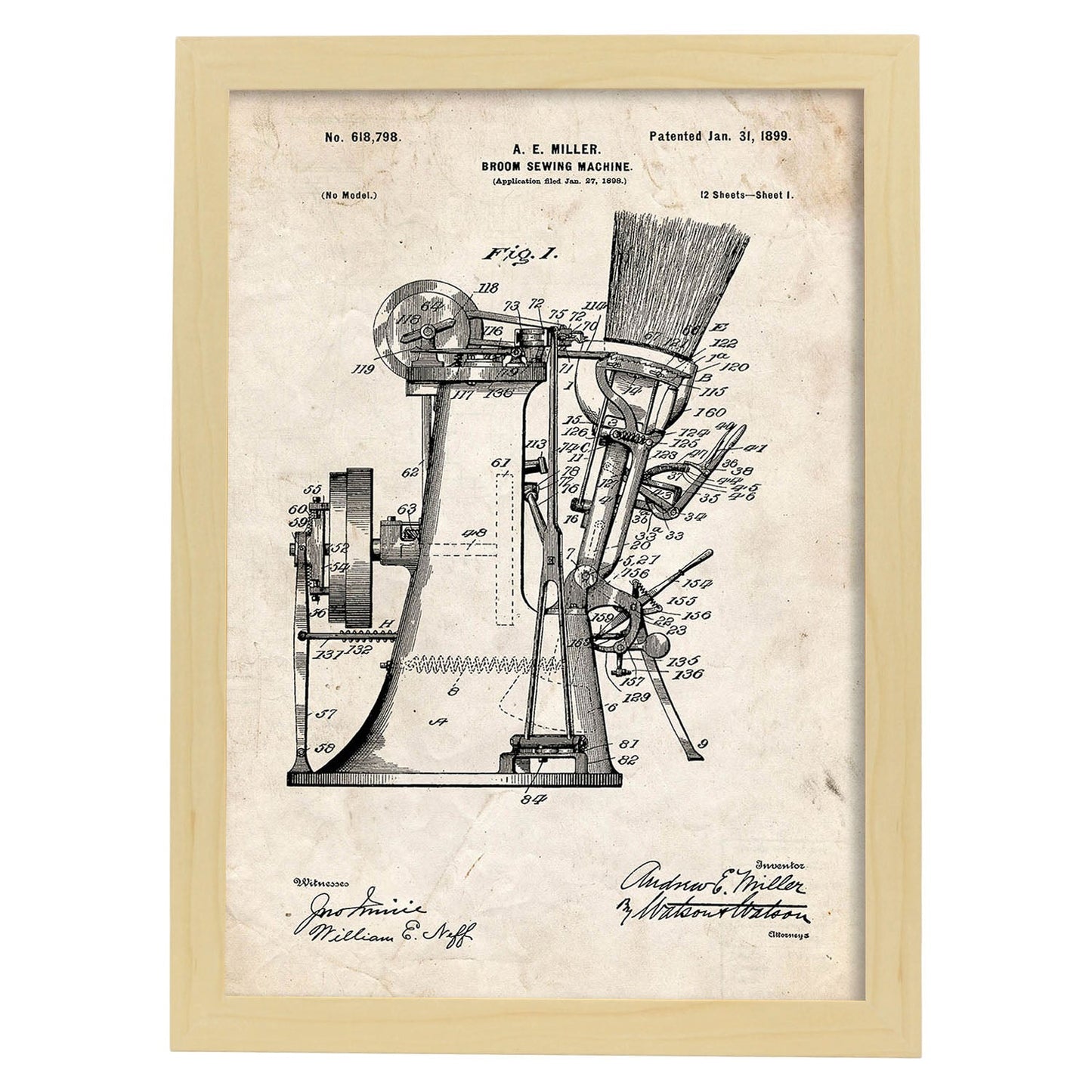Poster con patente de Maquina de coser escobas. Lámina con diseño de patente antigua.-Artwork-Nacnic-A3-Marco Madera clara-Nacnic Estudio SL