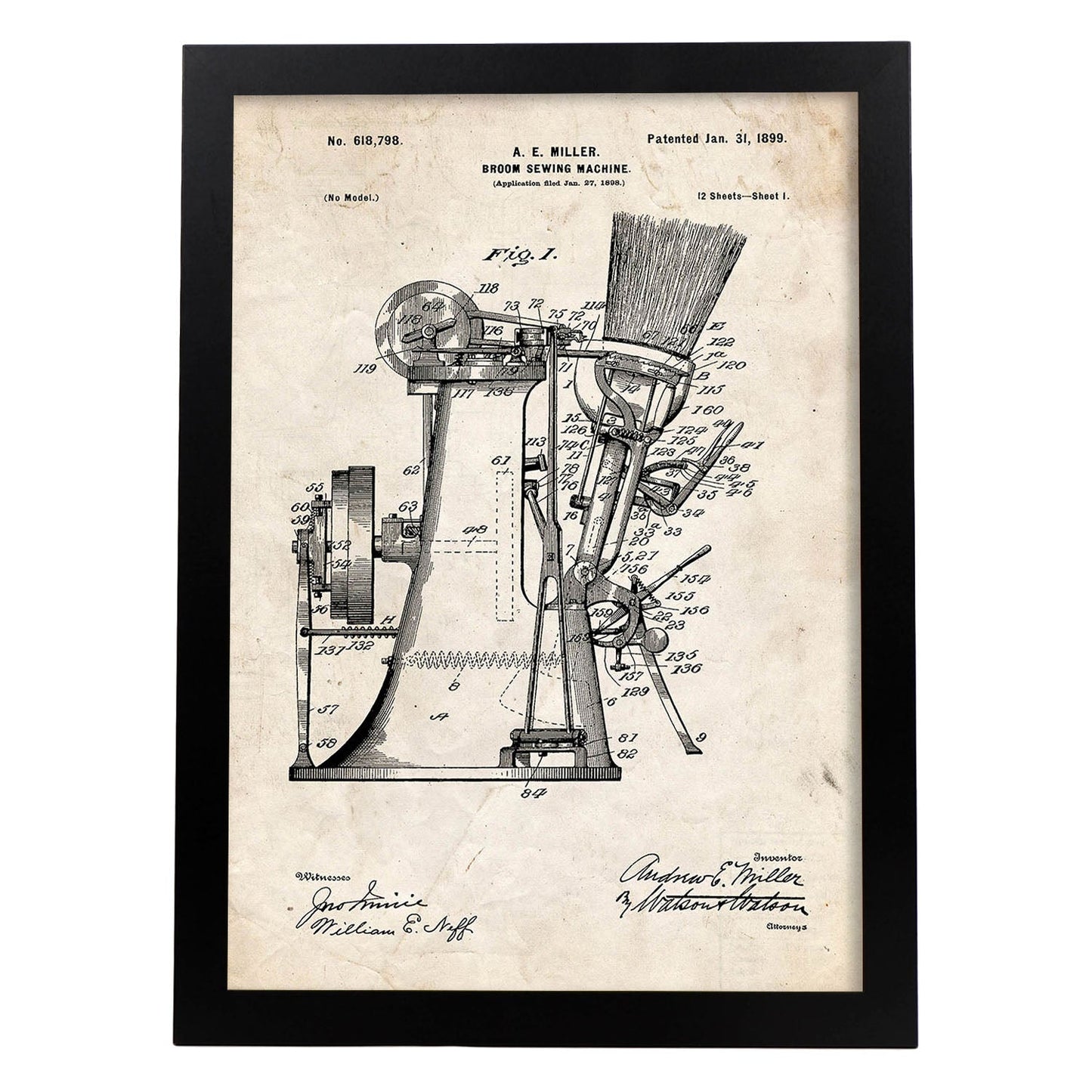 Poster con patente de Maquina de coser escobas. Lámina con diseño de patente antigua.-Artwork-Nacnic-A3-Marco Negro-Nacnic Estudio SL