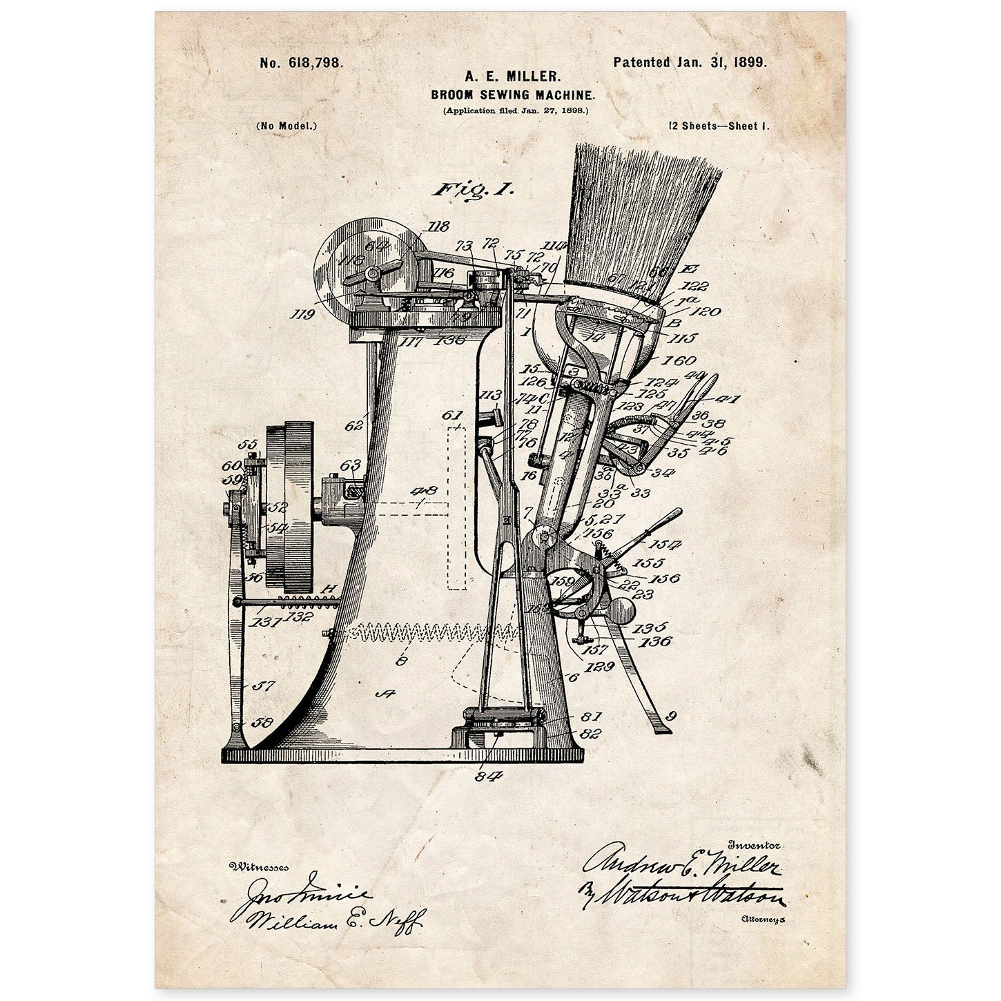 Poster con patente de Maquina de coser escobas. Lámina con diseño de patente antigua.-Artwork-Nacnic-A4-Sin marco-Nacnic Estudio SL