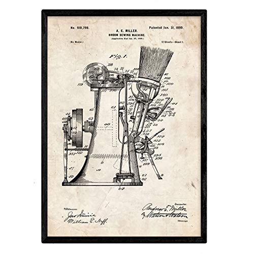 Poster con patente de Maquina de coser escobas. Lámina con diseño de patente antigua.-Artwork-Nacnic-Nacnic Estudio SL