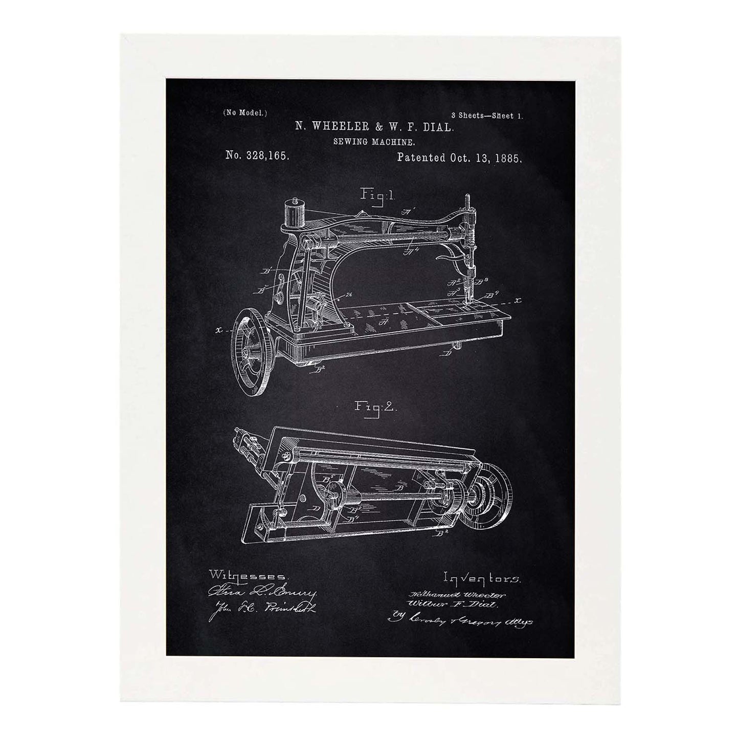 Poster con patente de Maquina de coser. Lámina con diseño de patente antigua-Artwork-Nacnic-A3-Marco Blanco-Nacnic Estudio SL