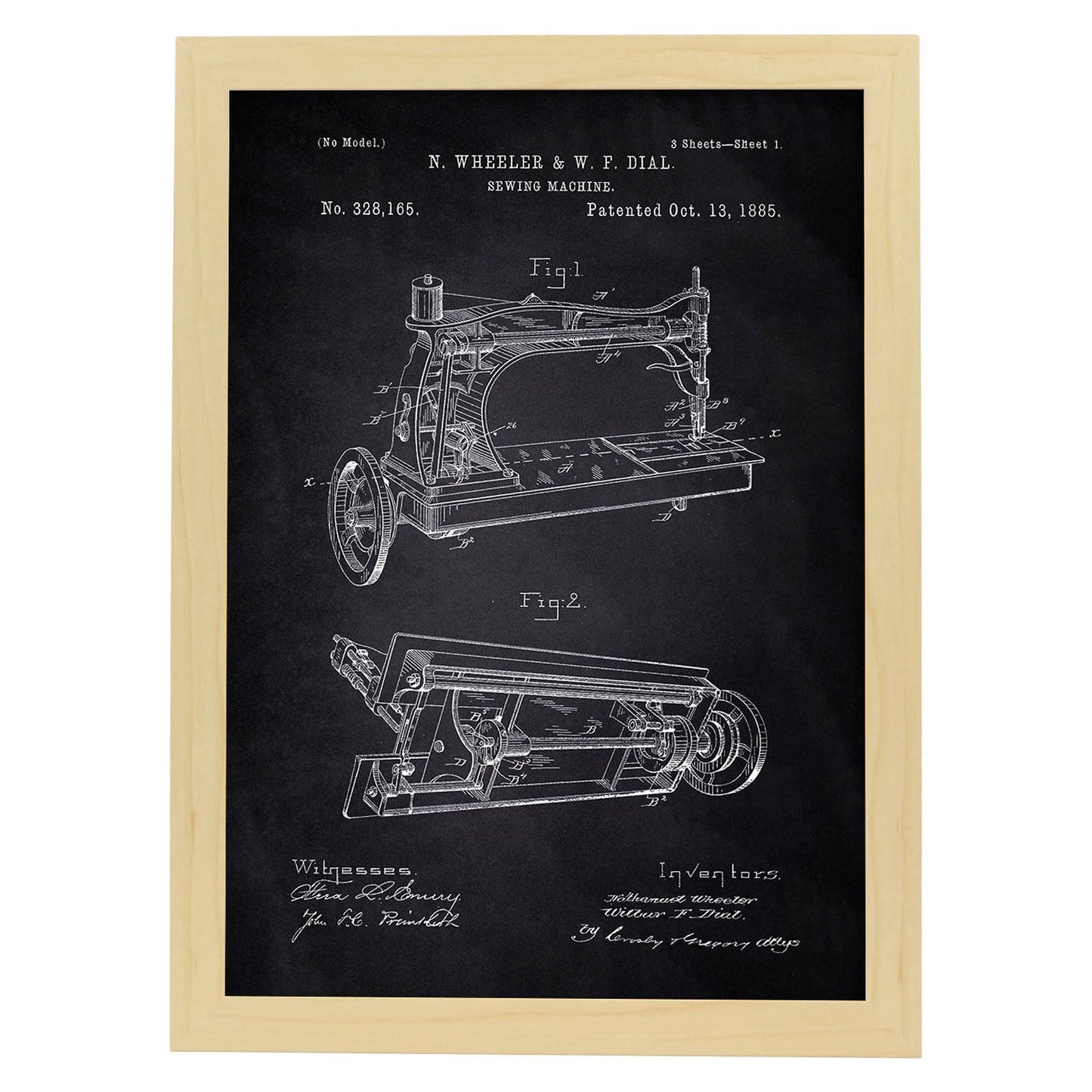 Poster con patente de Maquina de coser. Lámina con diseño de patente antigua-Artwork-Nacnic-A3-Marco Madera clara-Nacnic Estudio SL
