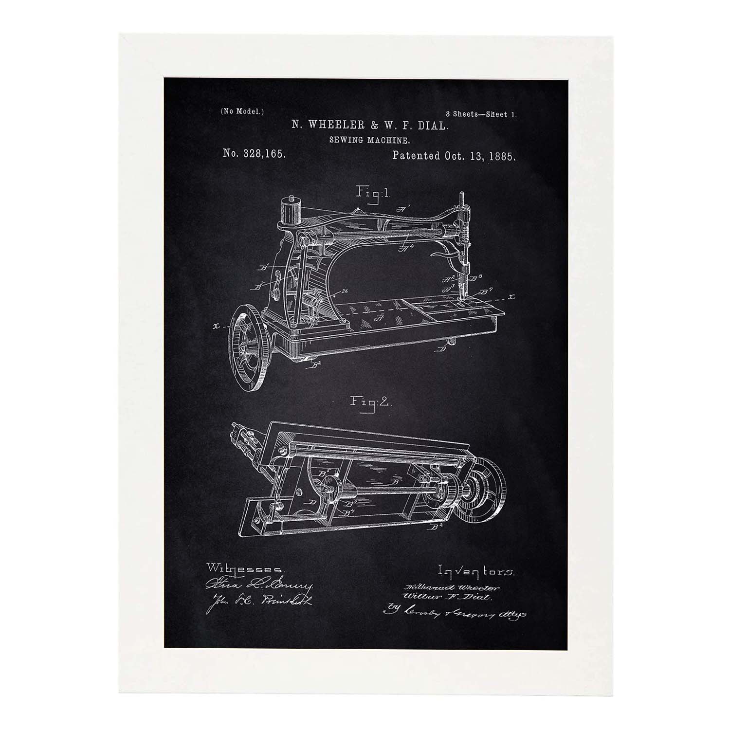 Poster con patente de Maquina de coser. Lámina con diseño de patente antigua-Artwork-Nacnic-A4-Marco Blanco-Nacnic Estudio SL