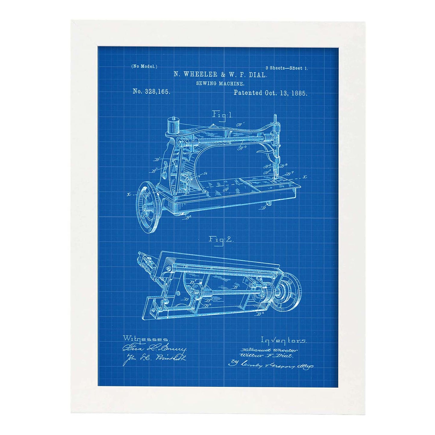 Poster con patente de Maquina de coser. Lámina con diseño de patente antigua-Artwork-Nacnic-A4-Marco Blanco-Nacnic Estudio SL