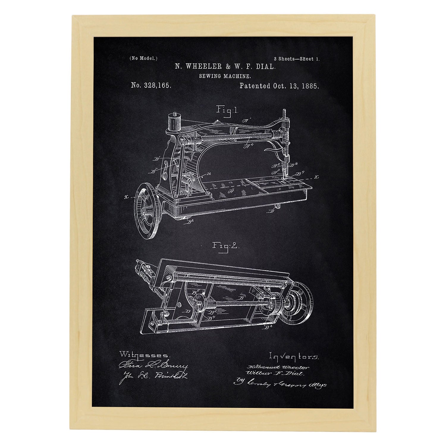 Poster con patente de Maquina de coser. Lámina con diseño de patente antigua-Artwork-Nacnic-A4-Marco Madera clara-Nacnic Estudio SL