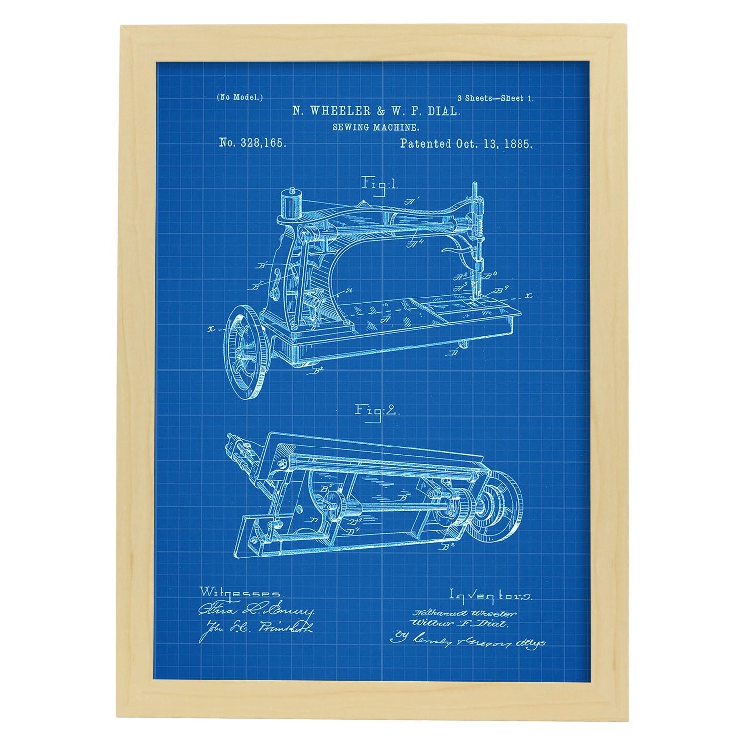 Poster con patente de Maquina de coser. Lámina con diseño de patente antigua-Artwork-Nacnic-A4-Marco Madera clara-Nacnic Estudio SL
