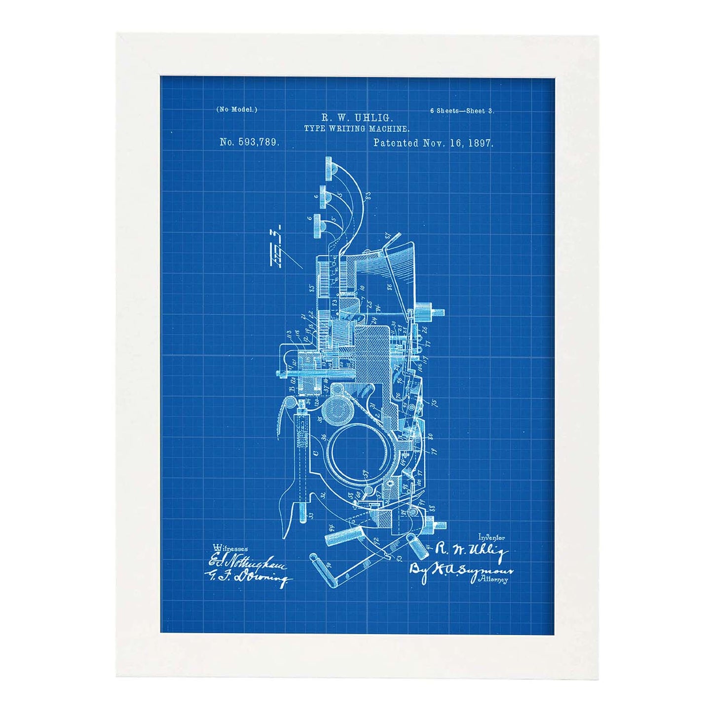 Poster con patente de Maquina de escribir 2. Lámina con diseño de patente antigua-Artwork-Nacnic-A3-Marco Blanco-Nacnic Estudio SL