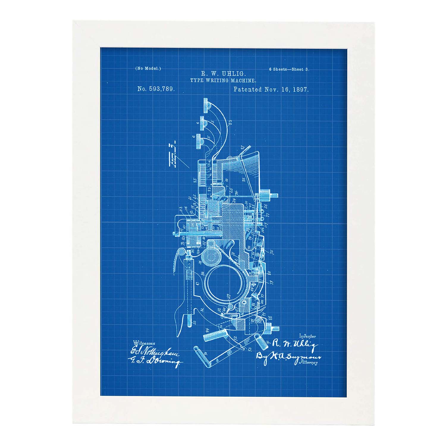 Poster con patente de Maquina de escribir 2. Lámina con diseño de patente antigua-Artwork-Nacnic-A3-Marco Blanco-Nacnic Estudio SL