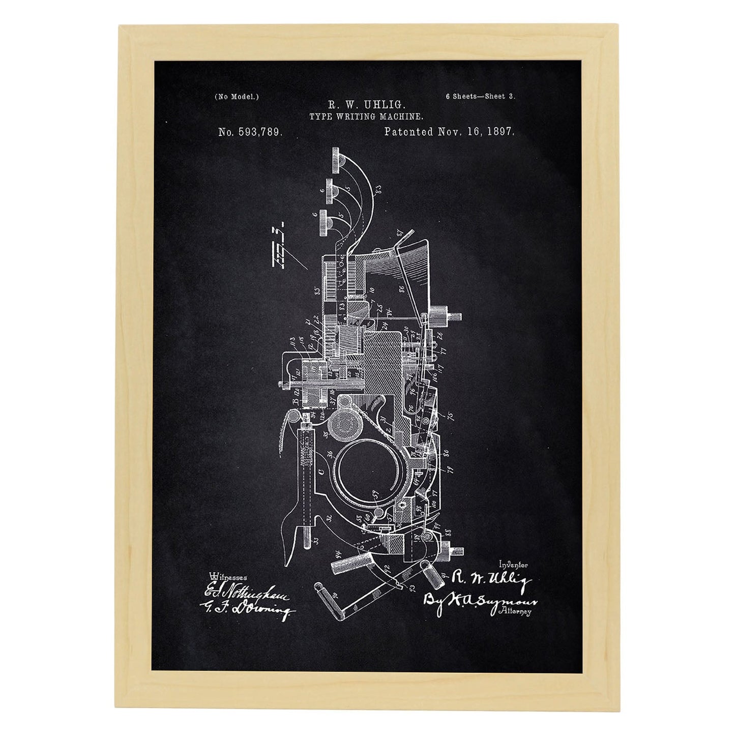 Poster con patente de Maquina de escribir 2. Lámina con diseño de patente antigua-Artwork-Nacnic-A3-Marco Madera clara-Nacnic Estudio SL