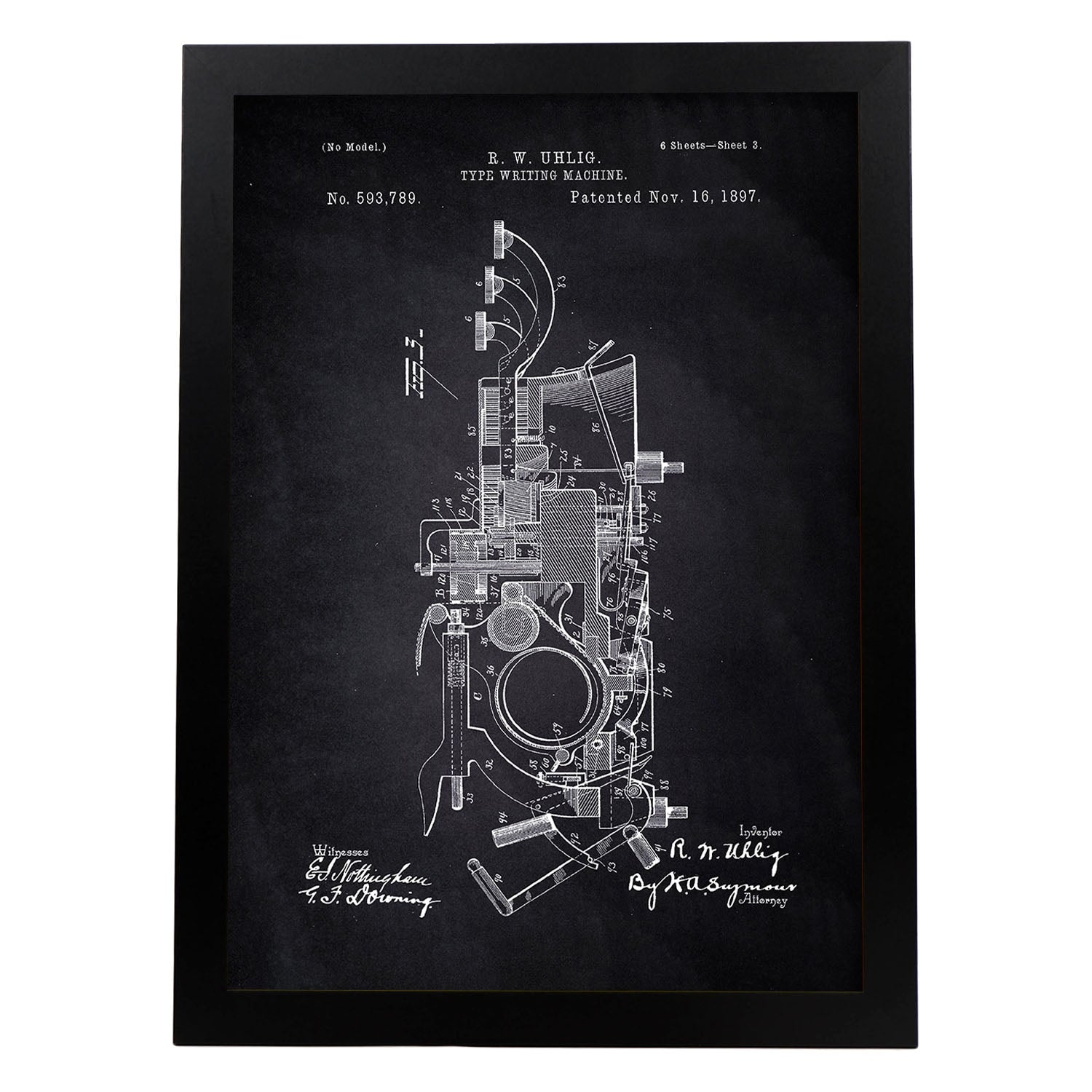 Poster con patente de Maquina de escribir 2. Lámina con diseño de patente antigua-Artwork-Nacnic-A3-Marco Negro-Nacnic Estudio SL