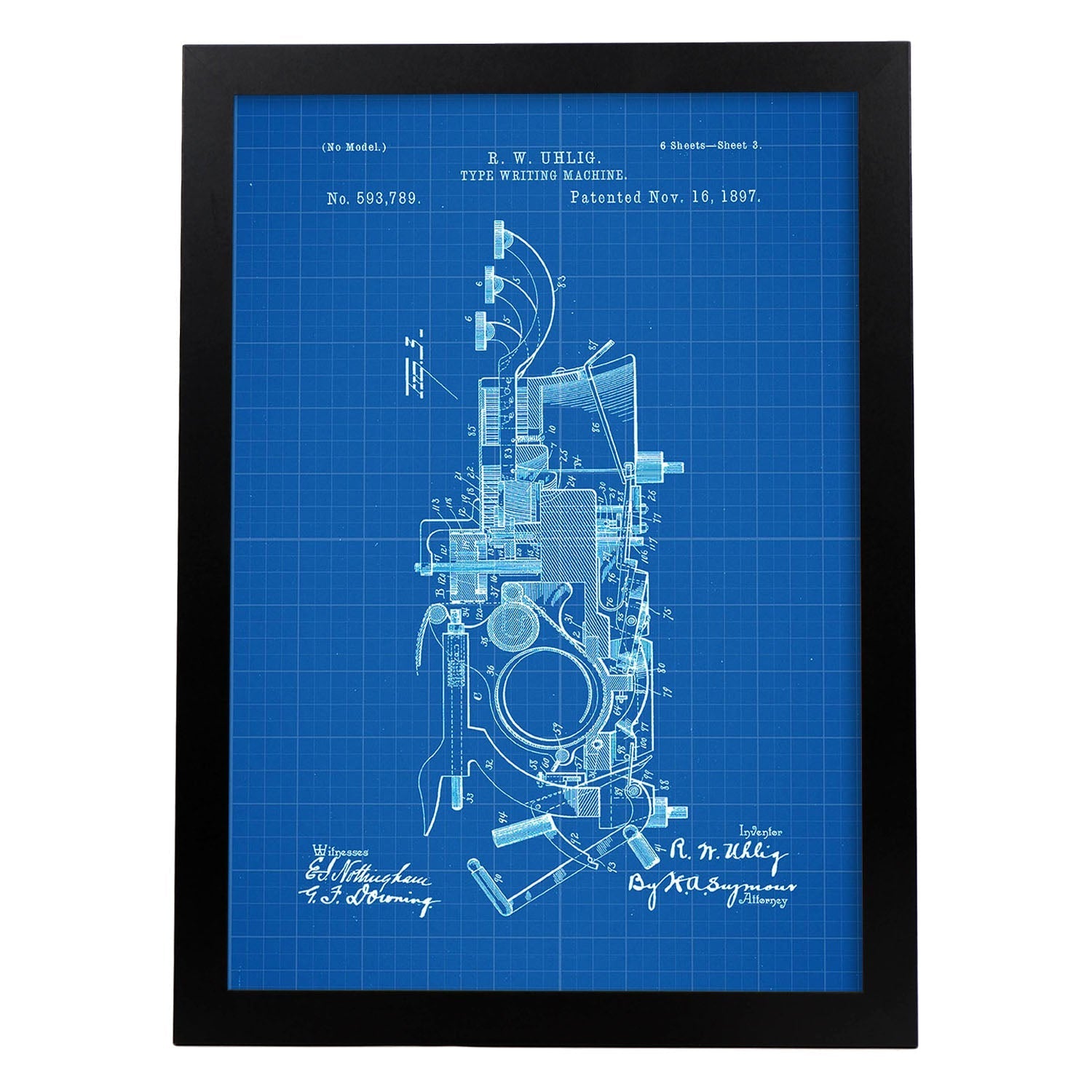 Poster con patente de Maquina de escribir 2. Lámina con diseño de patente antigua-Artwork-Nacnic-A3-Marco Negro-Nacnic Estudio SL