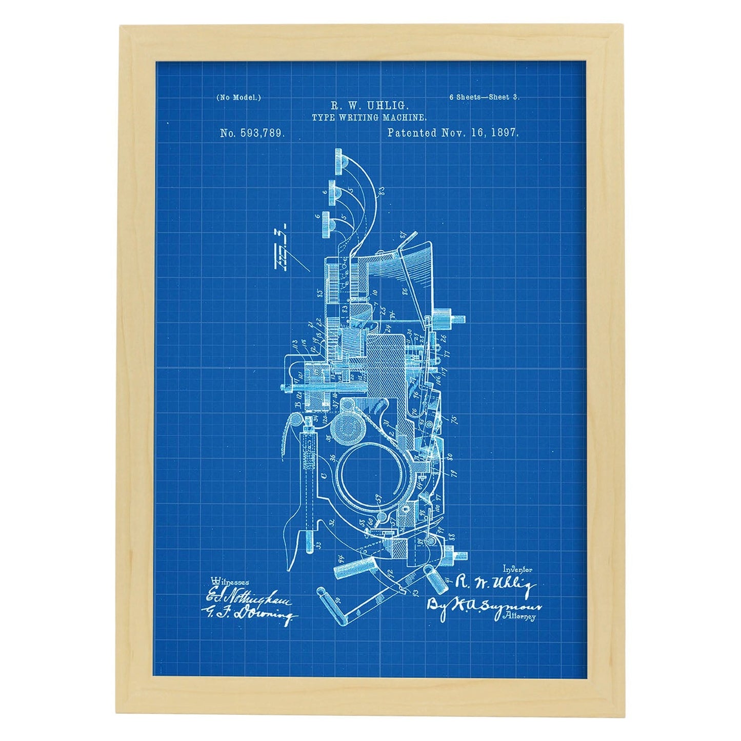 Poster con patente de Maquina de escribir 2. Lámina con diseño de patente antigua-Artwork-Nacnic-A4-Marco Madera clara-Nacnic Estudio SL
