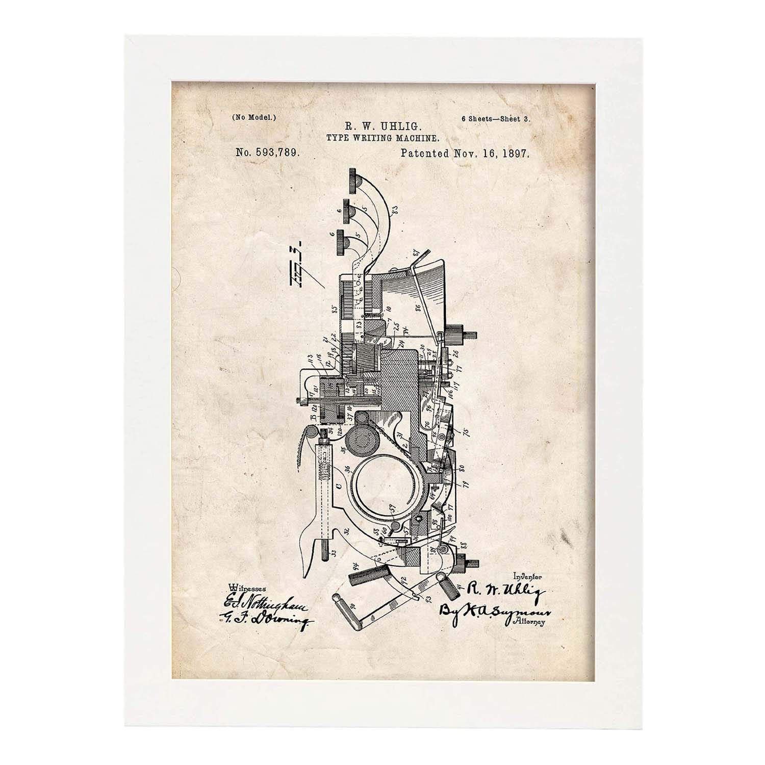 Poster con patente de Maquina de escribir 2. Lámina con diseño de patente antigua.-Artwork-Nacnic-A3-Marco Blanco-Nacnic Estudio SL