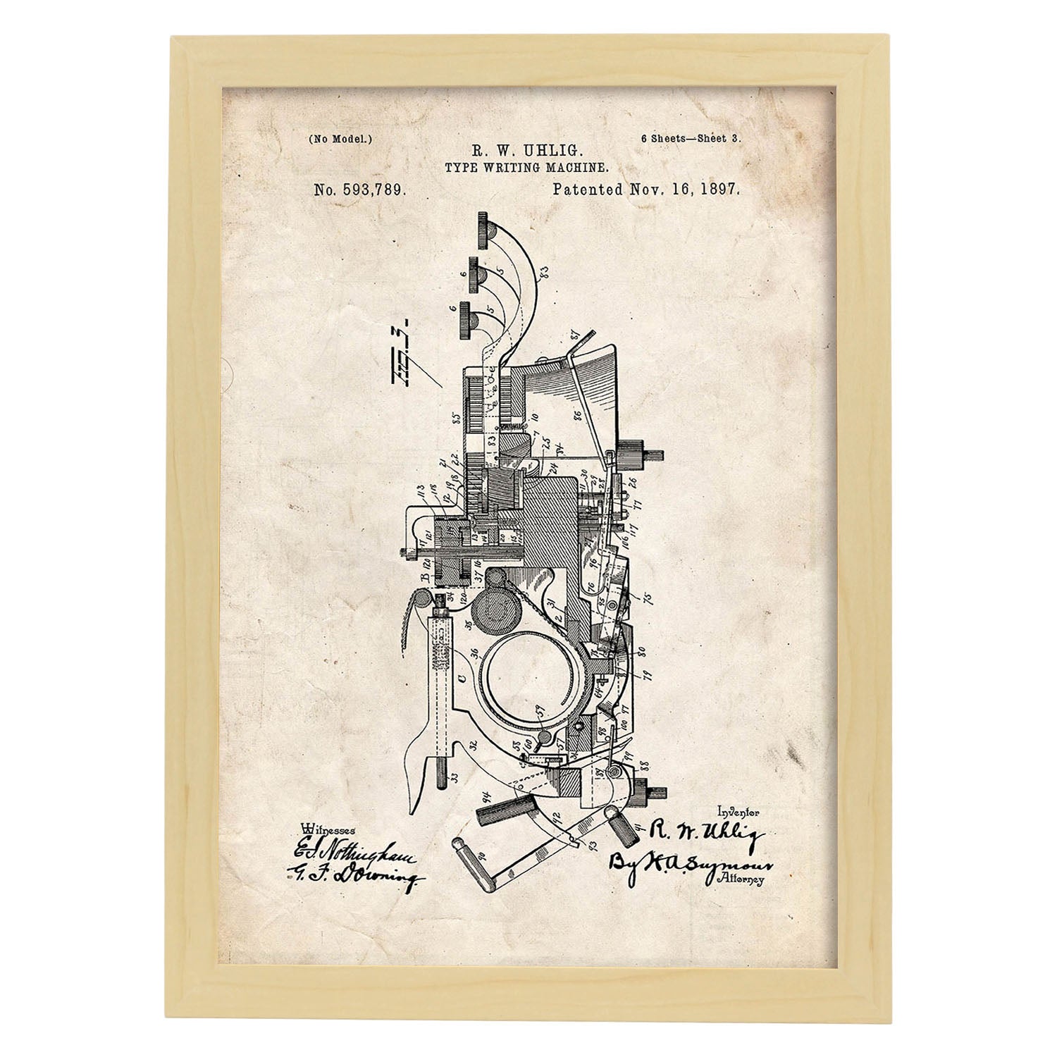 Poster con patente de Maquina de escribir 2. Lámina con diseño de patente antigua.-Artwork-Nacnic-A3-Marco Madera clara-Nacnic Estudio SL