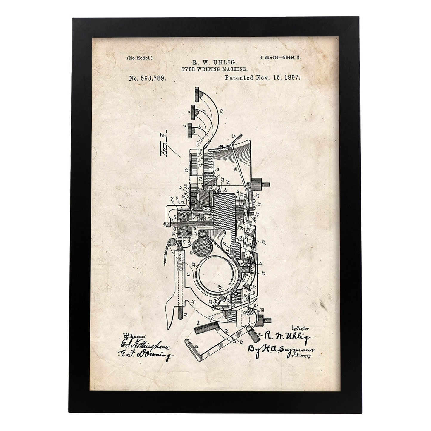 Poster con patente de Maquina de escribir 2. Lámina con diseño de patente antigua.-Artwork-Nacnic-A3-Marco Negro-Nacnic Estudio SL