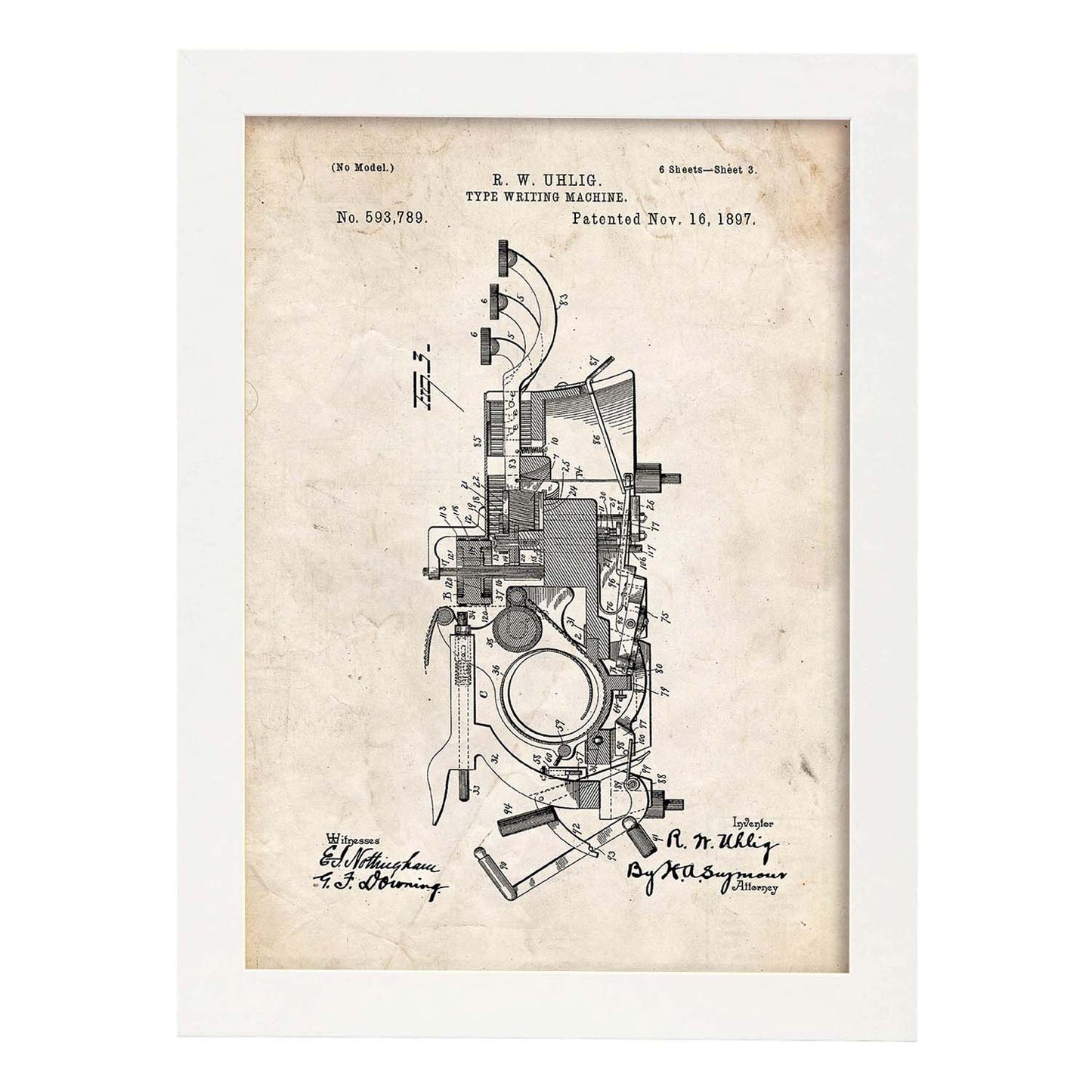 Poster con patente de Maquina de escribir 2. Lámina con diseño de patente antigua.-Artwork-Nacnic-A4-Marco Blanco-Nacnic Estudio SL