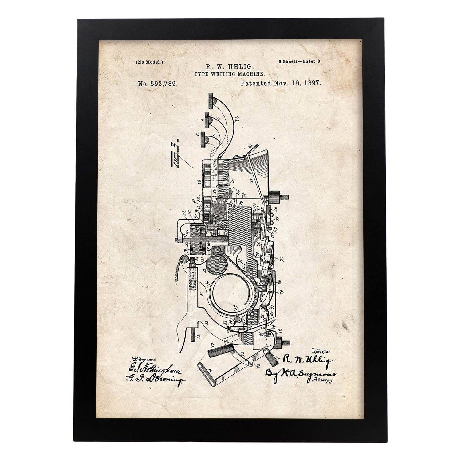 Poster con patente de Maquina de escribir 2. Lámina con diseño de patente antigua.-Artwork-Nacnic-A4-Marco Negro-Nacnic Estudio SL