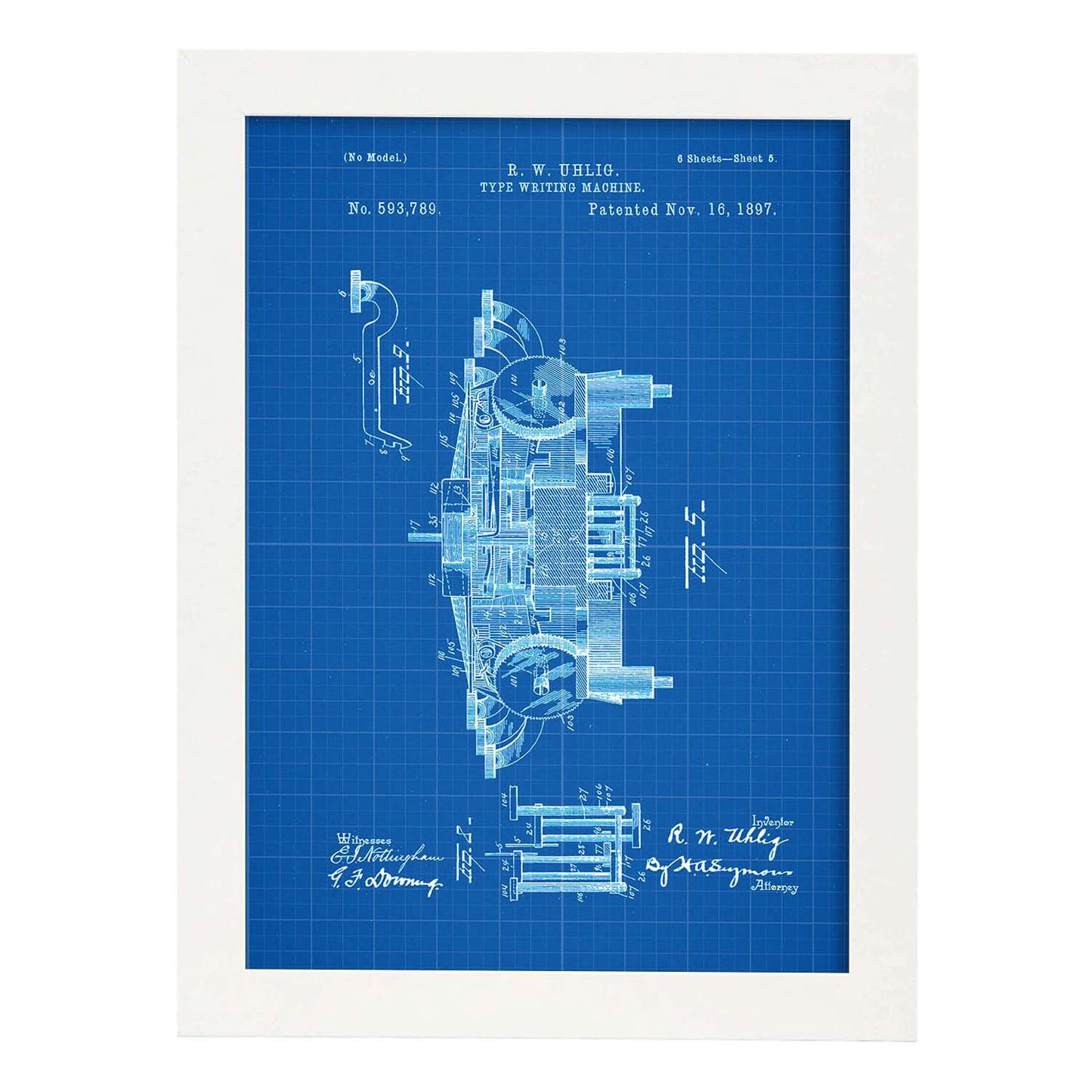 Poster con patente de Maquina de escribir 3. Lámina con diseño de patente antigua-Artwork-Nacnic-A3-Marco Blanco-Nacnic Estudio SL