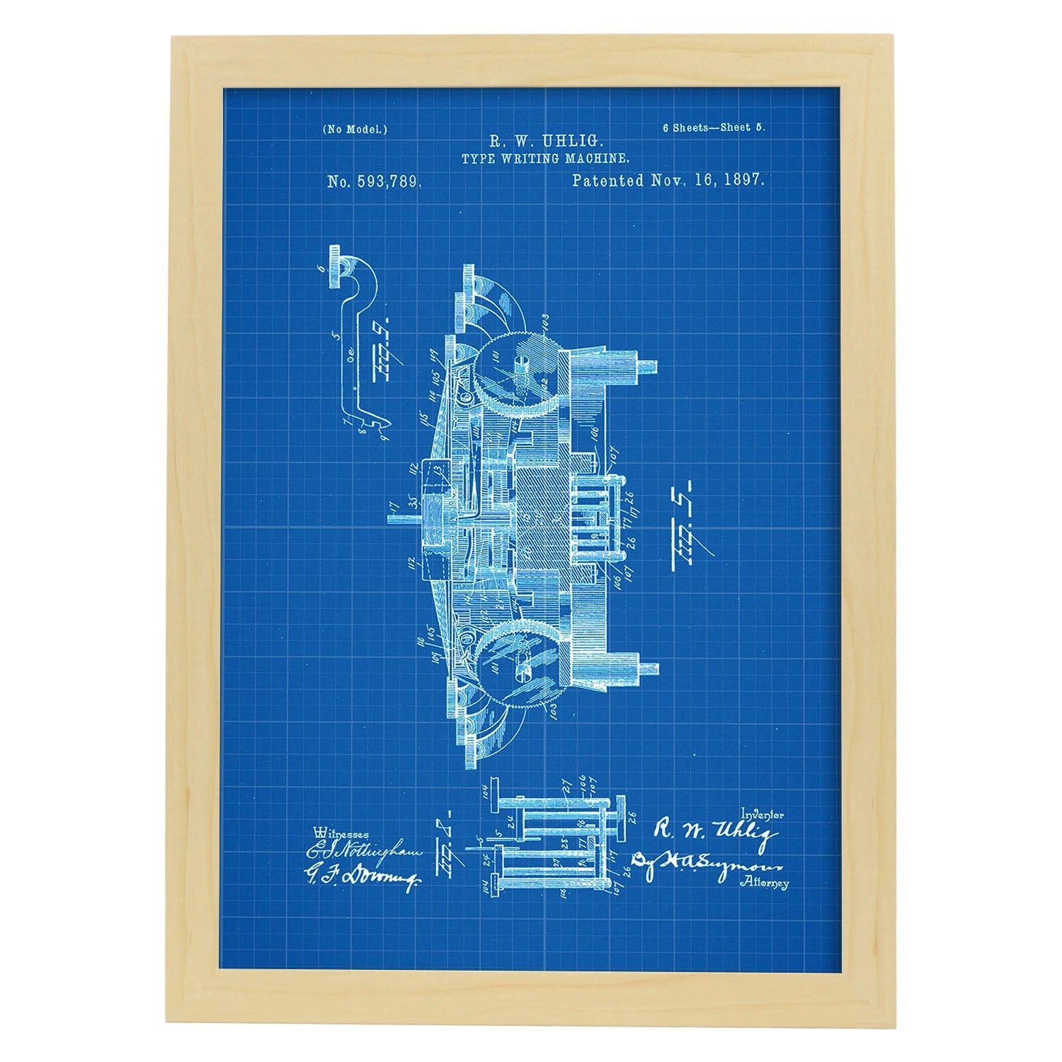 Poster con patente de Maquina de escribir 3. Lámina con diseño de patente antigua-Artwork-Nacnic-A3-Marco Madera clara-Nacnic Estudio SL