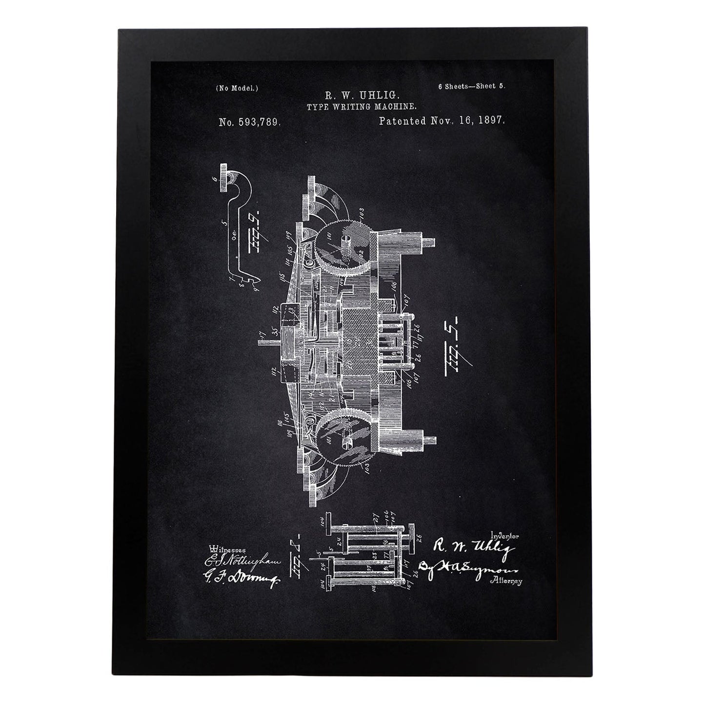 Poster con patente de Maquina de escribir 3. Lámina con diseño de patente antigua-Artwork-Nacnic-A3-Marco Negro-Nacnic Estudio SL