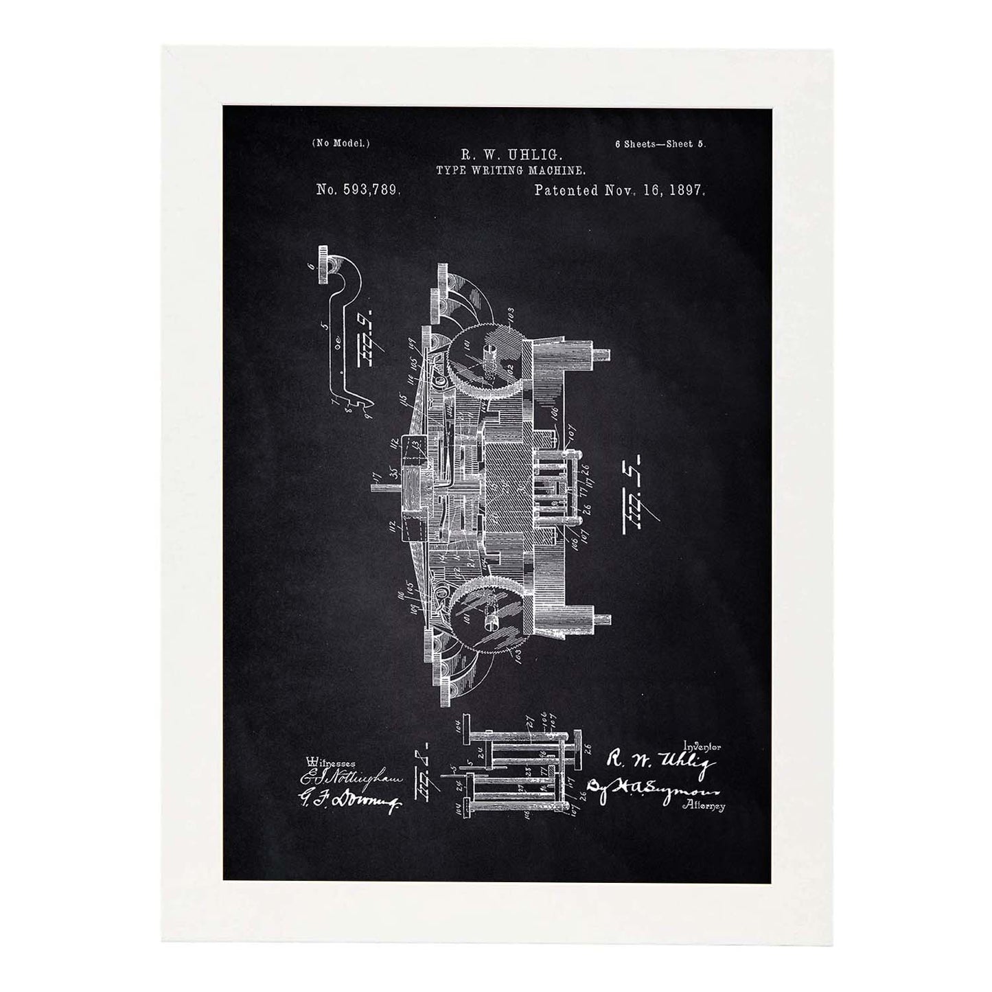 Poster con patente de Maquina de escribir 3. Lámina con diseño de patente antigua-Artwork-Nacnic-A4-Marco Blanco-Nacnic Estudio SL