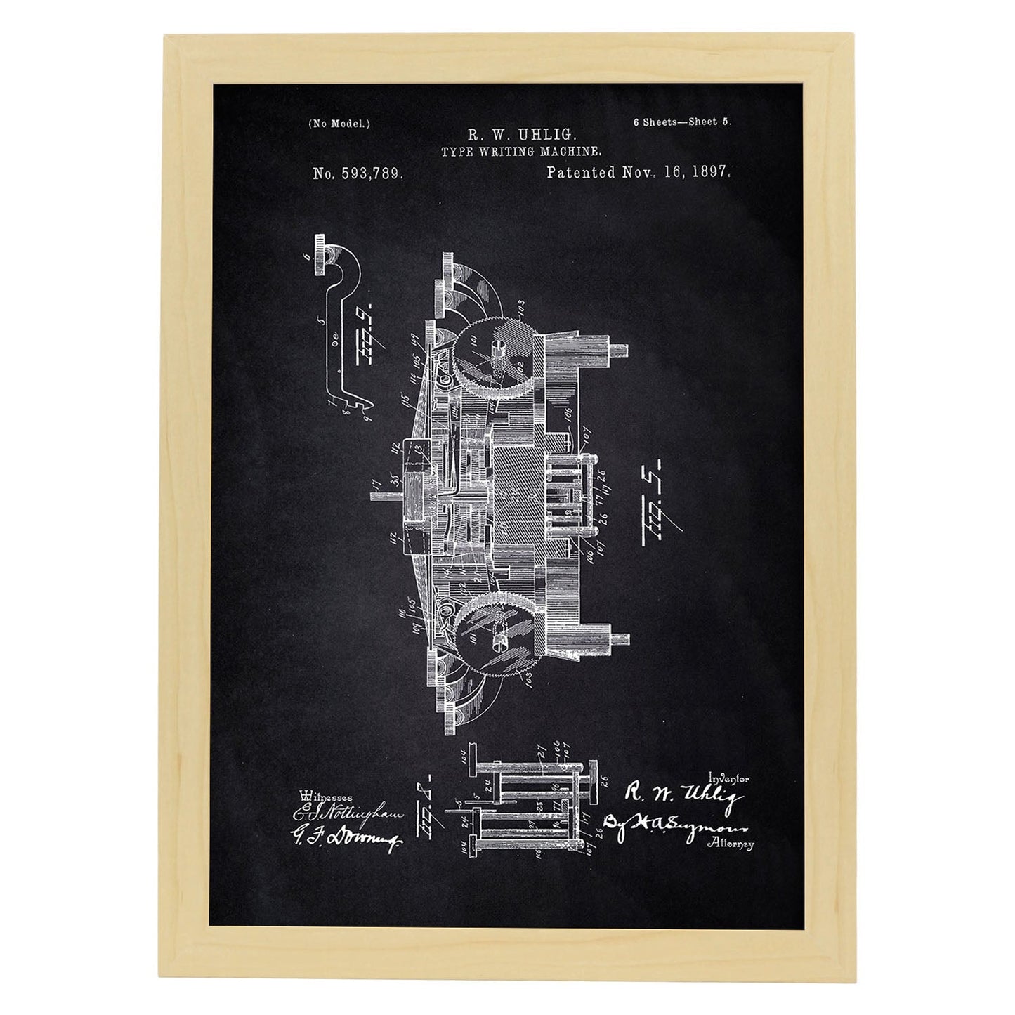 Poster con patente de Maquina de escribir 3. Lámina con diseño de patente antigua-Artwork-Nacnic-A4-Marco Madera clara-Nacnic Estudio SL