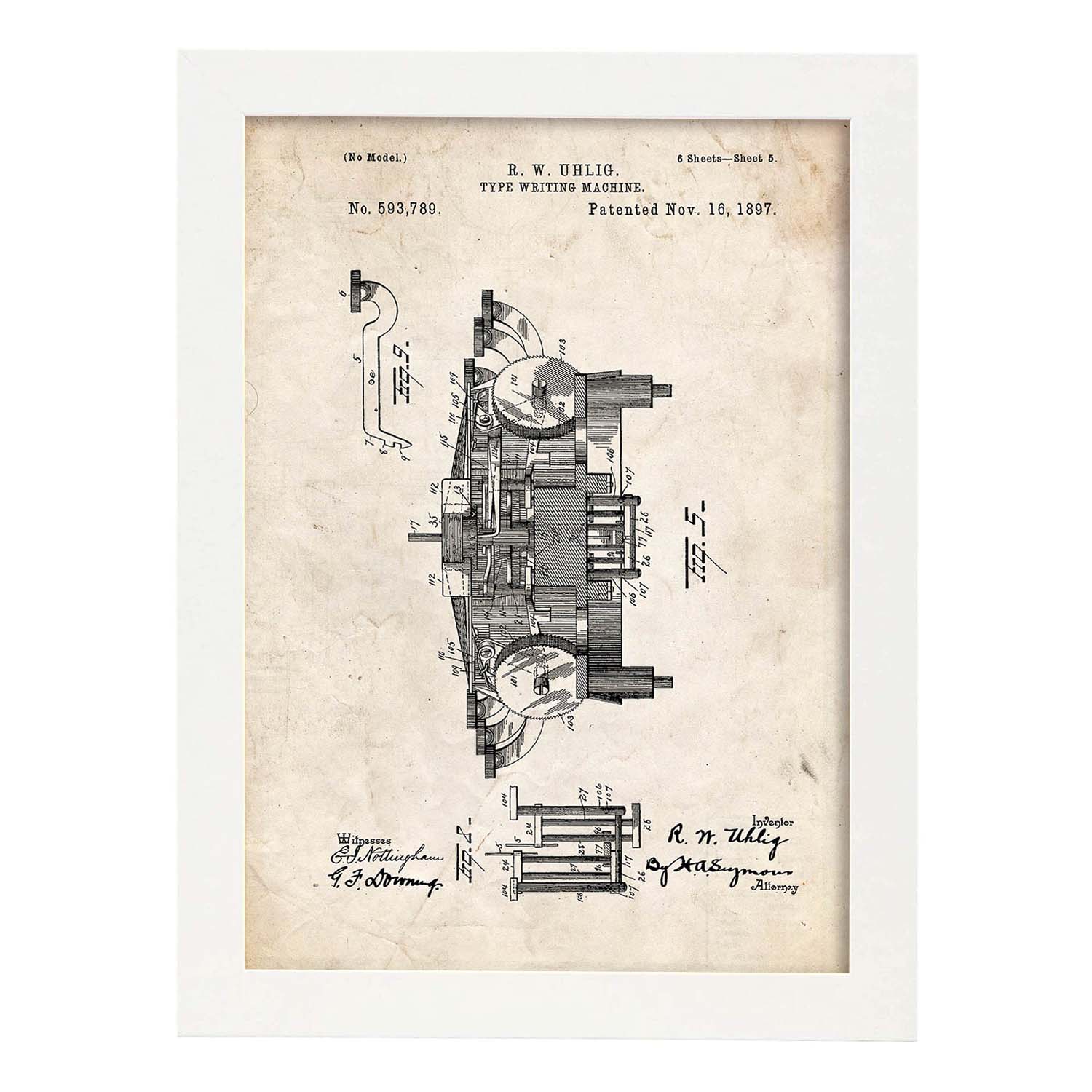 Poster con patente de Maquina de escribir 3. Lámina con diseño de patente antigua.-Artwork-Nacnic-A3-Marco Blanco-Nacnic Estudio SL