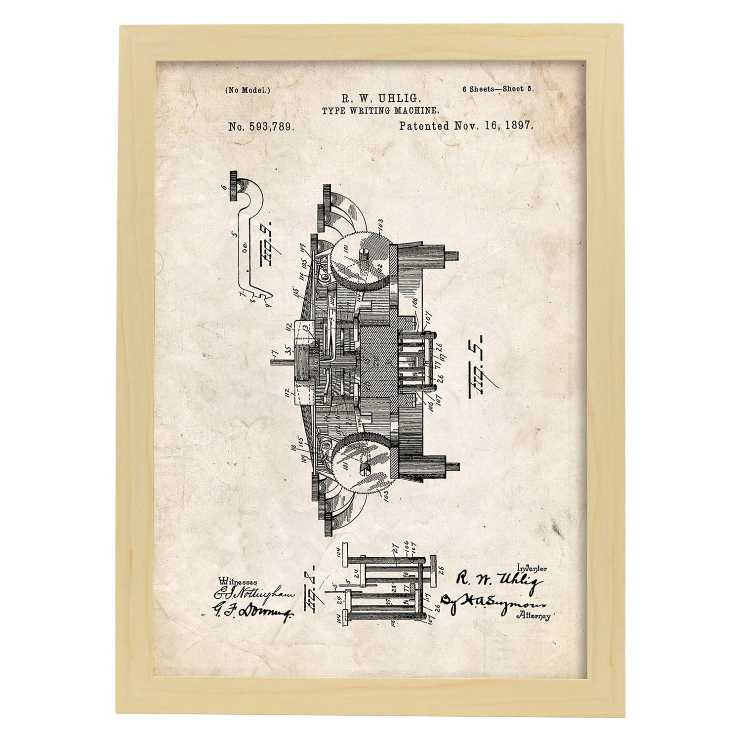 Poster con patente de Maquina de escribir 3. Lámina con diseño de patente antigua.-Artwork-Nacnic-A3-Marco Madera clara-Nacnic Estudio SL
