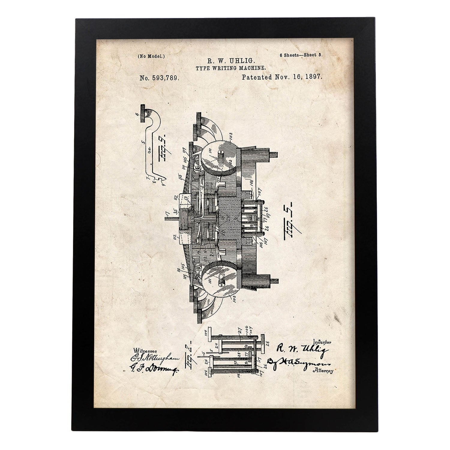 Poster con patente de Maquina de escribir 3. Lámina con diseño de patente antigua.-Artwork-Nacnic-A3-Marco Negro-Nacnic Estudio SL