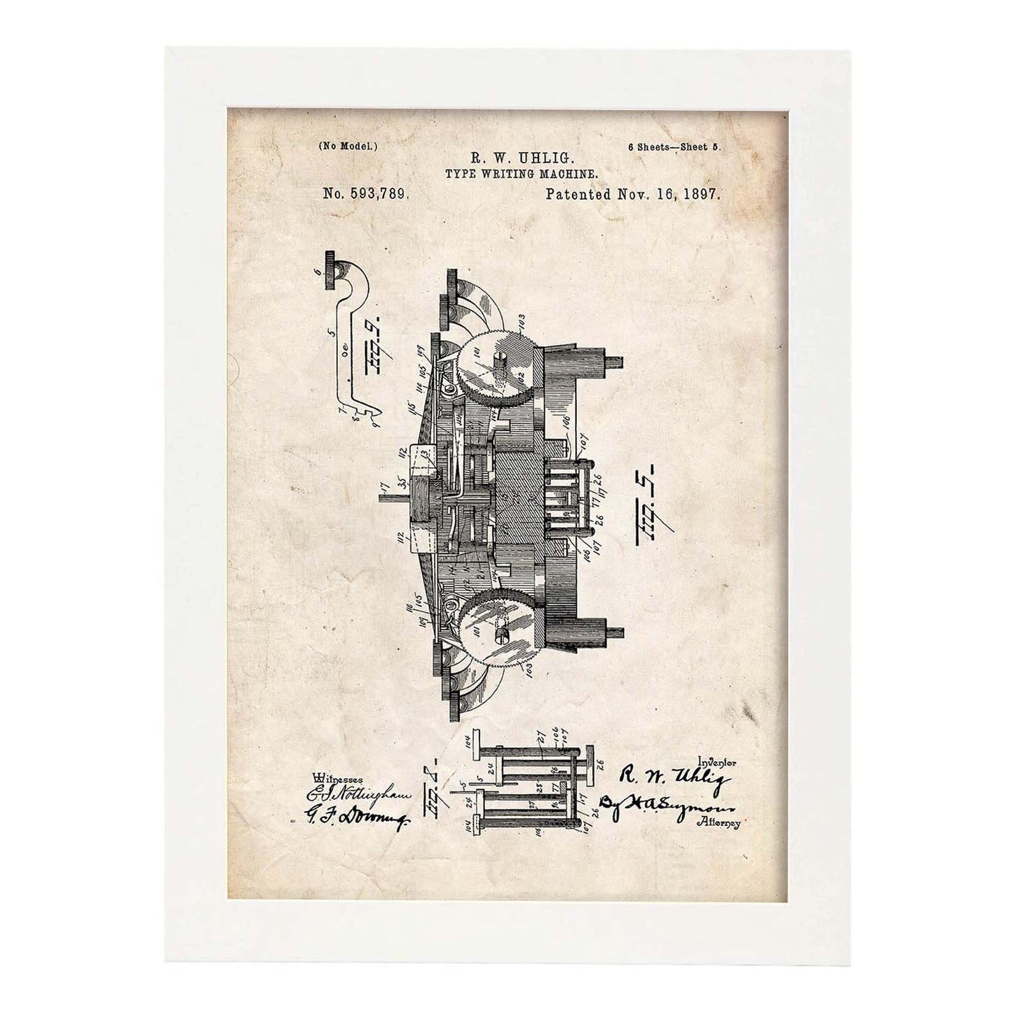 Poster con patente de Maquina de escribir 3. Lámina con diseño de patente antigua.-Artwork-Nacnic-A4-Marco Blanco-Nacnic Estudio SL