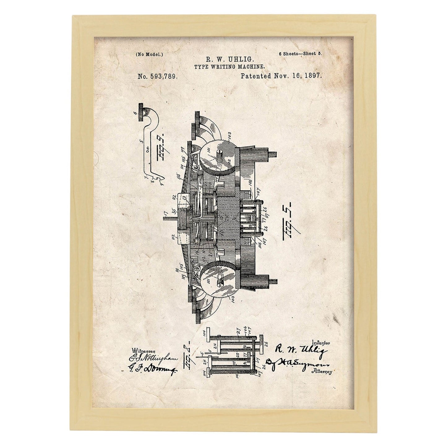 Poster con patente de Maquina de escribir 3. Lámina con diseño de patente antigua.-Artwork-Nacnic-A4-Marco Madera clara-Nacnic Estudio SL
