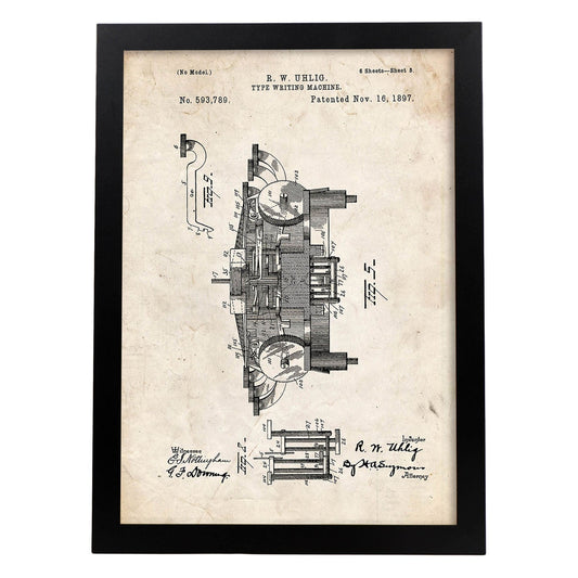 Poster con patente de Maquina de escribir 3. Lámina con diseño de patente antigua.-Artwork-Nacnic-A4-Marco Negro-Nacnic Estudio SL