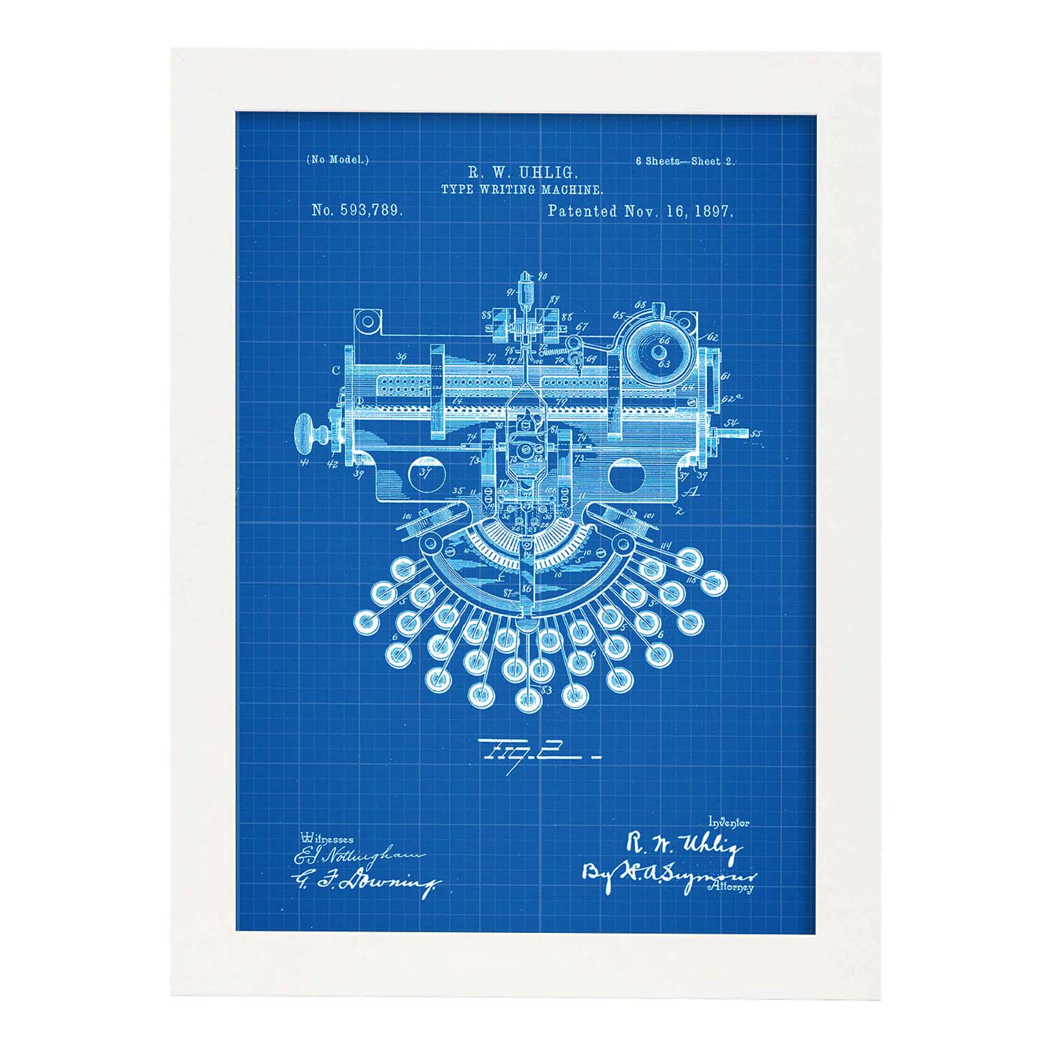 Poster con patente de Maquina de escribir 4. Lámina con diseño de patente antigua-Artwork-Nacnic-A3-Marco Blanco-Nacnic Estudio SL