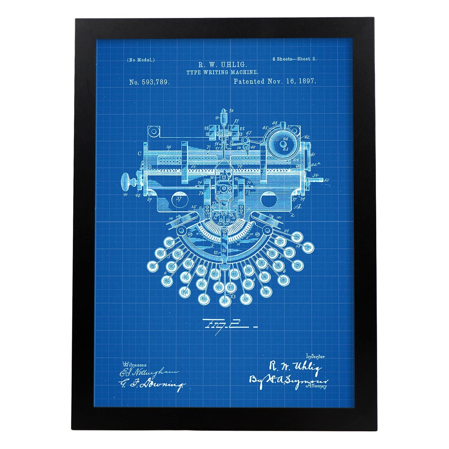 Poster con patente de Maquina de escribir 4. Lámina con diseño de patente antigua-Artwork-Nacnic-A3-Marco Negro-Nacnic Estudio SL