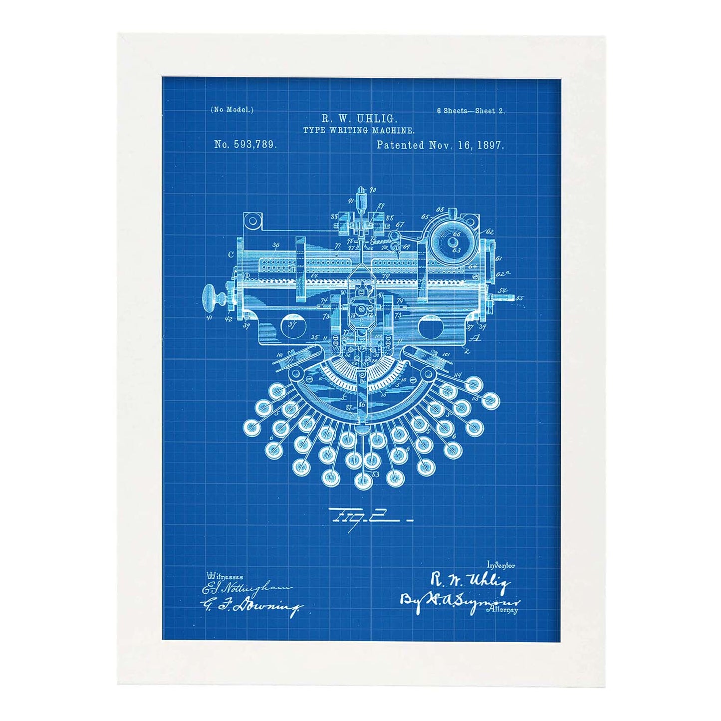 Poster con patente de Maquina de escribir 4. Lámina con diseño de patente antigua-Artwork-Nacnic-A4-Marco Blanco-Nacnic Estudio SL