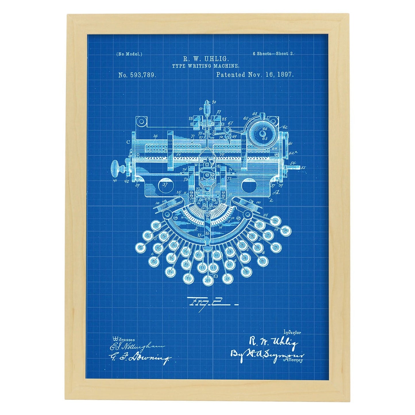 Poster con patente de Maquina de escribir 4. Lámina con diseño de patente antigua-Artwork-Nacnic-A4-Marco Madera clara-Nacnic Estudio SL