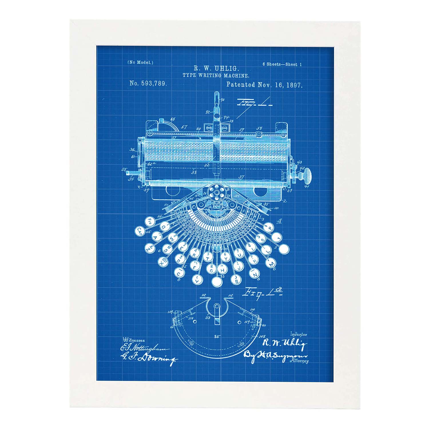 Poster con patente de Maquina de escribir. Lámina con diseño de patente antigua-Artwork-Nacnic-A3-Marco Blanco-Nacnic Estudio SL