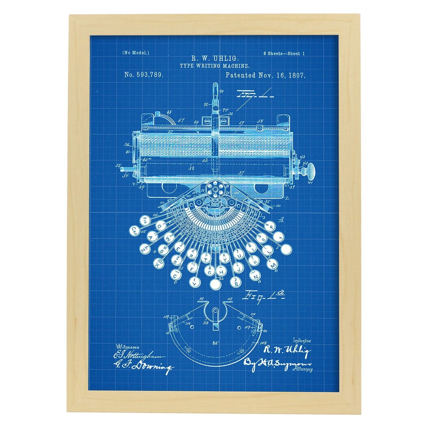 Poster con patente de Maquina de escribir. Lámina con diseño de patente antigua-Artwork-Nacnic-A3-Marco Madera clara-Nacnic Estudio SL