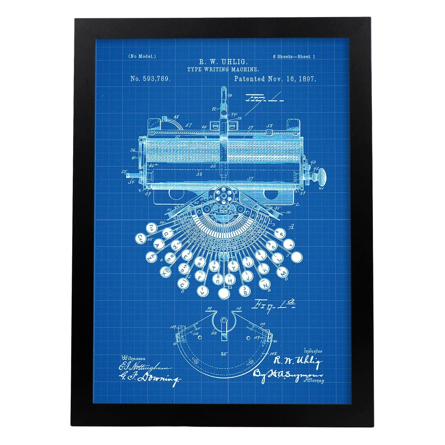 Poster con patente de Maquina de escribir. Lámina con diseño de patente antigua-Artwork-Nacnic-A3-Marco Negro-Nacnic Estudio SL