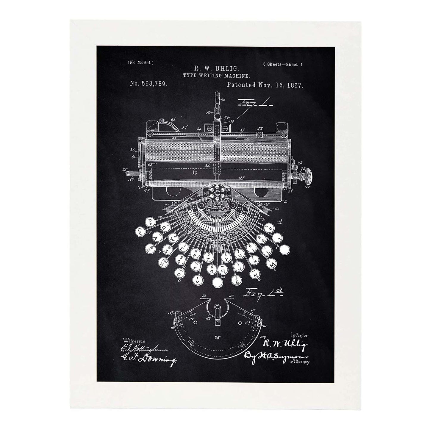 Poster con patente de Maquina de escribir. Lámina con diseño de patente antigua-Artwork-Nacnic-A4-Marco Blanco-Nacnic Estudio SL