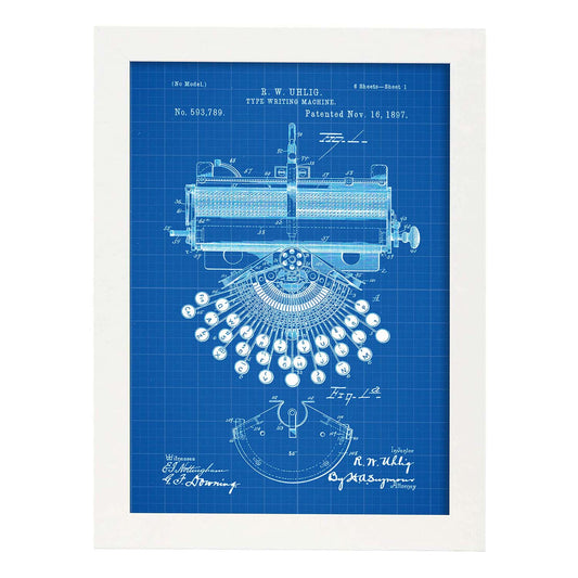 Poster con patente de Maquina de escribir. Lámina con diseño de patente antigua-Artwork-Nacnic-A4-Marco Blanco-Nacnic Estudio SL