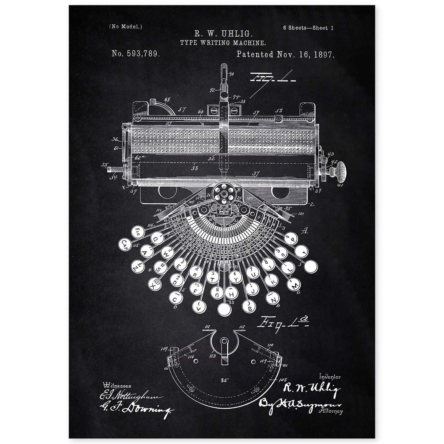 Poster con patente de Maquina de escribir. Lámina con diseño de patente antigua-Artwork-Nacnic-A4-Sin marco-Nacnic Estudio SL