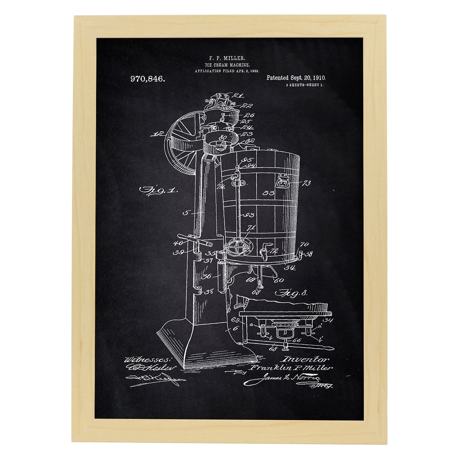 Poster con patente de Maquina de helados. Lámina con diseño de patente antigua-Artwork-Nacnic-A3-Marco Madera clara-Nacnic Estudio SL