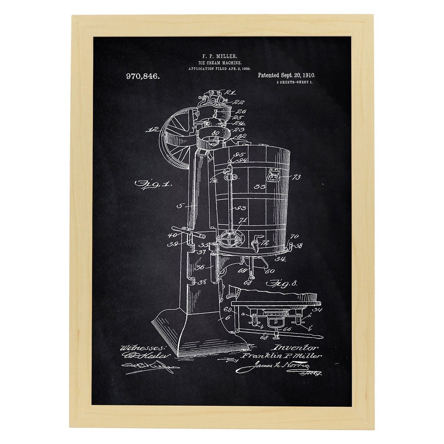 Poster con patente de Maquina de helados. Lámina con diseño de patente antigua-Artwork-Nacnic-A4-Marco Madera clara-Nacnic Estudio SL