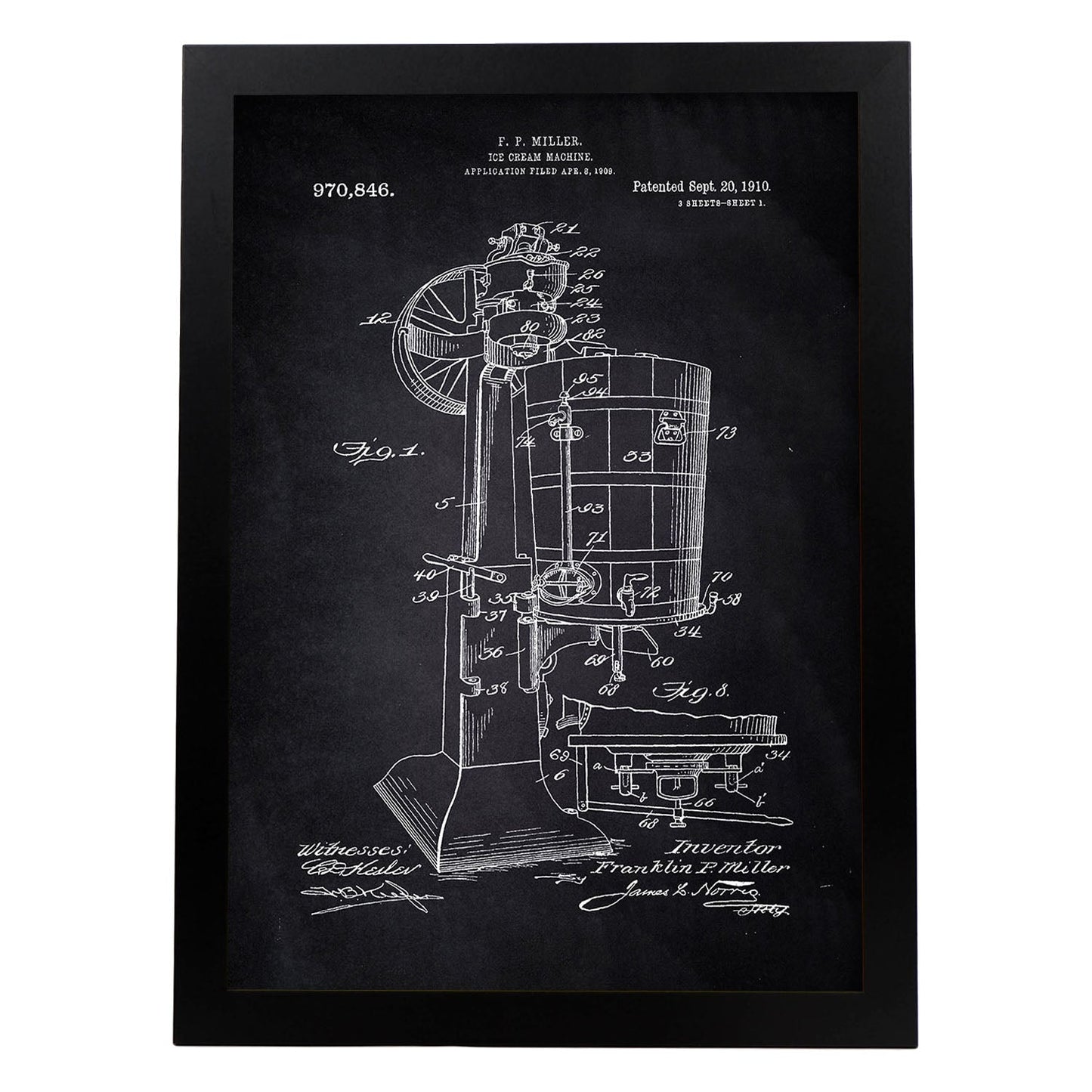 Poster con patente de Maquina de helados. Lámina con diseño de patente antigua-Artwork-Nacnic-A4-Marco Negro-Nacnic Estudio SL