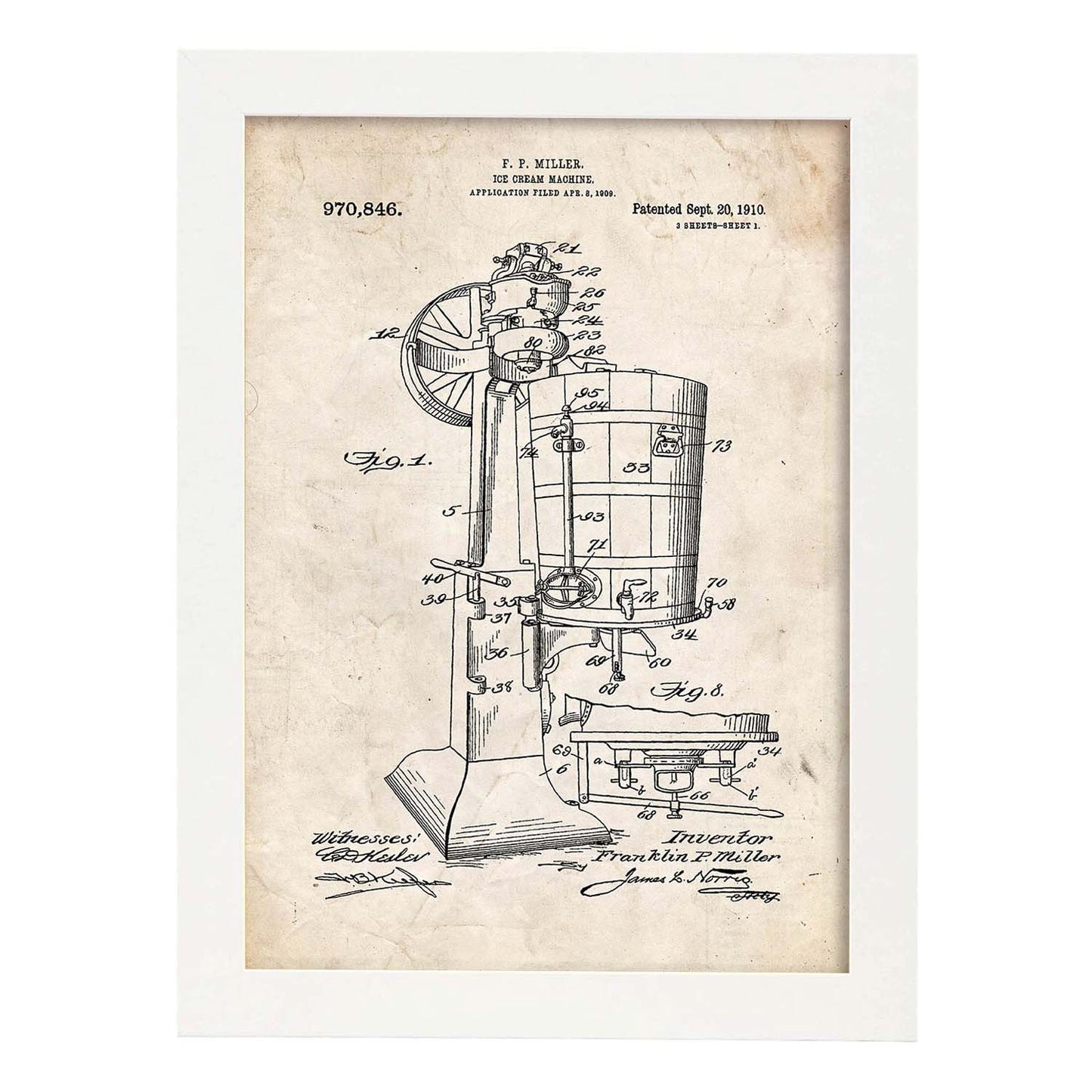 Poster con patente de Maquina de helados. Lámina con diseño de patente antigua.-Artwork-Nacnic-A3-Marco Blanco-Nacnic Estudio SL