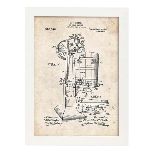 Poster con patente de Maquina de helados. Lámina con diseño de patente antigua.-Artwork-Nacnic-A3-Marco Blanco-Nacnic Estudio SL
