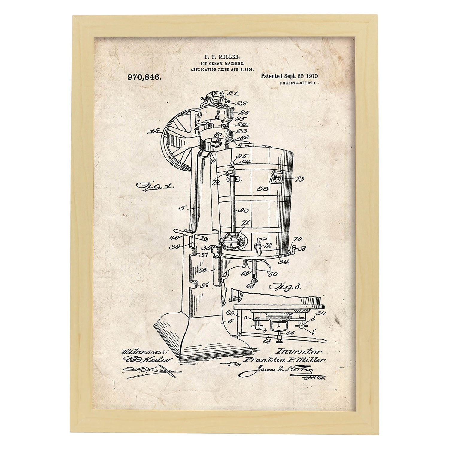 Poster con patente de Maquina de helados. Lámina con diseño de patente antigua.-Artwork-Nacnic-A3-Marco Madera clara-Nacnic Estudio SL