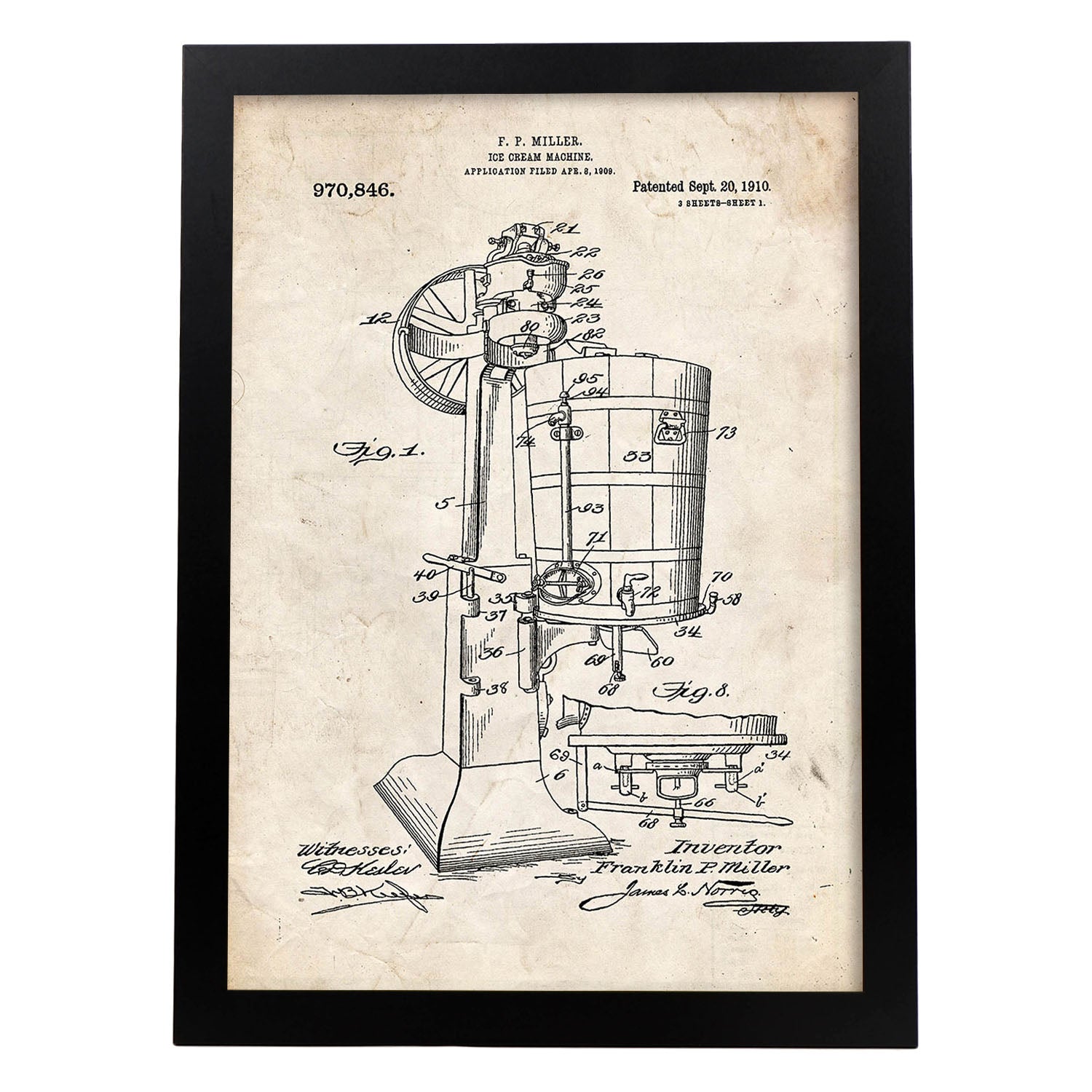 Poster con patente de Maquina de helados. Lámina con diseño de patente antigua.-Artwork-Nacnic-A3-Marco Negro-Nacnic Estudio SL
